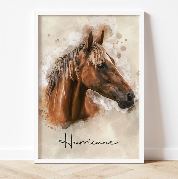 Horse Watercolor Portrait on Canvas: High-Quality Giclée Art Print
Turn your horse portrait into a high-quality giclée print. This artwork is reproduced with vibrant colors and precise details on a high-quality canvas, perfect for framing and becoming a centerpiece of your equestrian art collection.