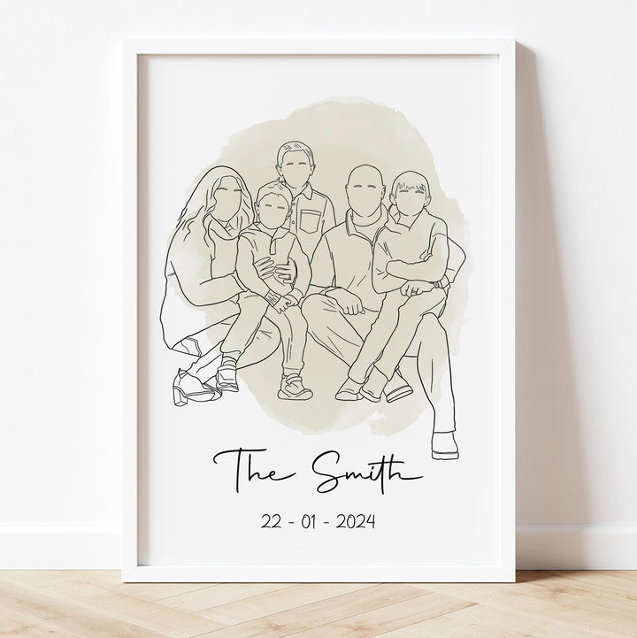 Line art family portrait – personalized digital artwork for anniversaries or gifts.

