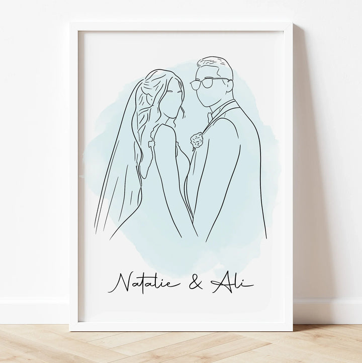 Custom black and white line drawing of bride and groom – personalized wedding day artwork.