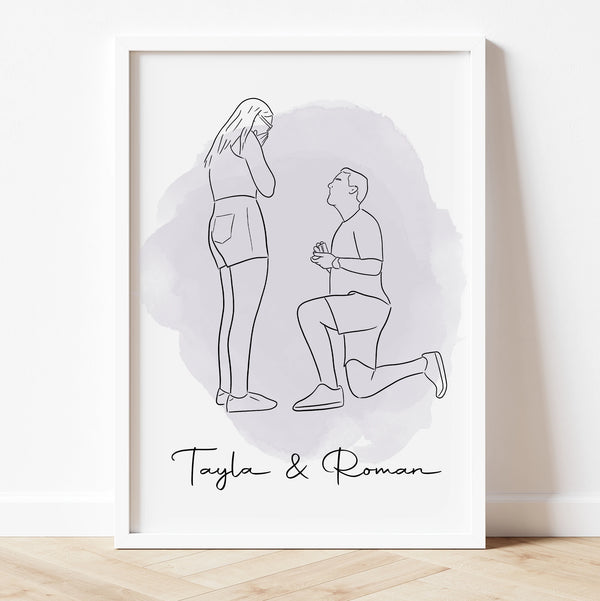 Personalized engagement portrait in minimalist line art – custom couple illustration gift.