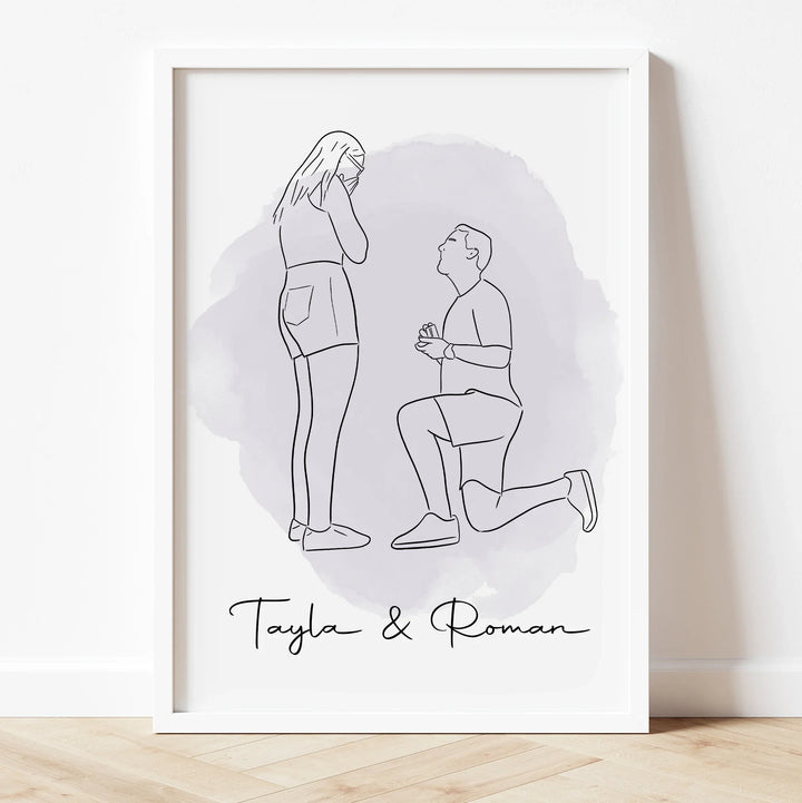 Personalized engagement portrait in minimalist line art – custom couple illustration gift.
