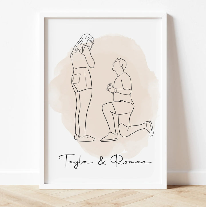 Digital engagement gift – elegant line art drawing of newly engaged couple.