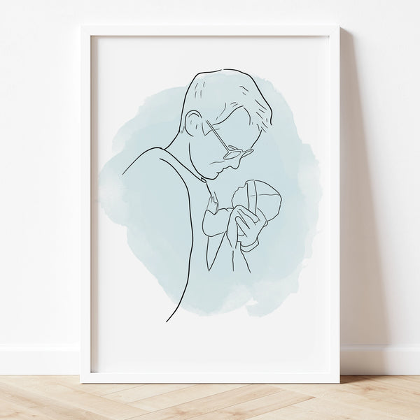 Personalized Father’s Day line art portrait – custom hand-drawn illustration of dad and children.
