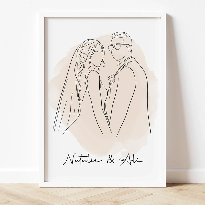 Minimalist custom line art portrait of a married couple – personalized wedding gift illustration.