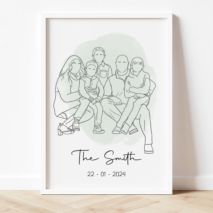 Minimalist custom line drawing of a family – personalized portrait illustration.

