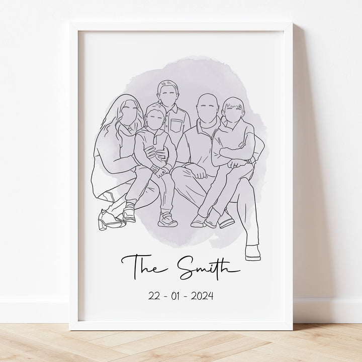 Personalized digital line art – family portrait perfect for home decor or gifting.