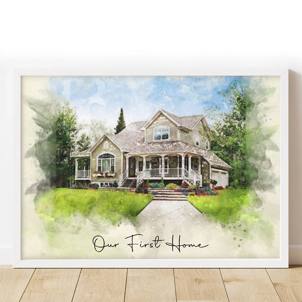 Custom watercolor house portrait – personalized home illustration from your photo.