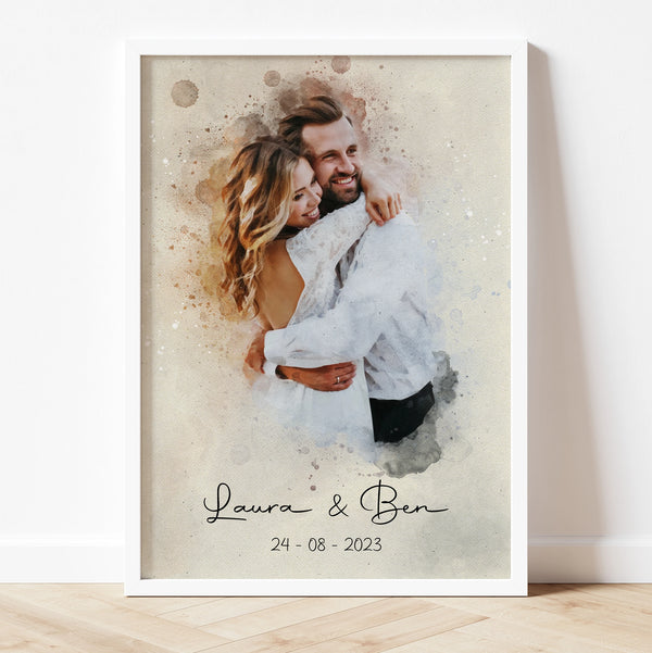 Custom watercolor portrait of a married couple – personalized wedding gift illustration.