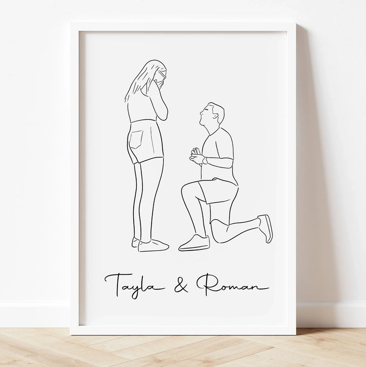 Line art drawing for engaged couple – modern digital gift to celebrate love.
