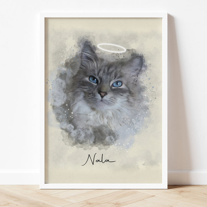 Custom pet loss remembrance portrait – digital watercolor painting for grieving pet owners.