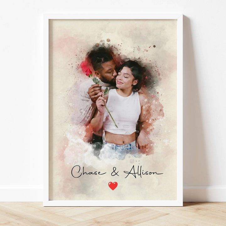 Elegant engagement gift – custom watercolor painting of a couple in love.