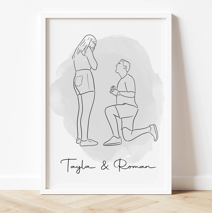 Hand-drawn line art of couple – romantic personalized gift for engagement or proposal.