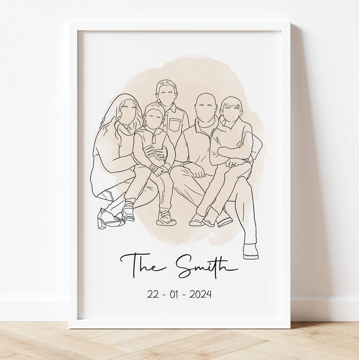 Custom black and white family illustration – modern line drawing from photo.

