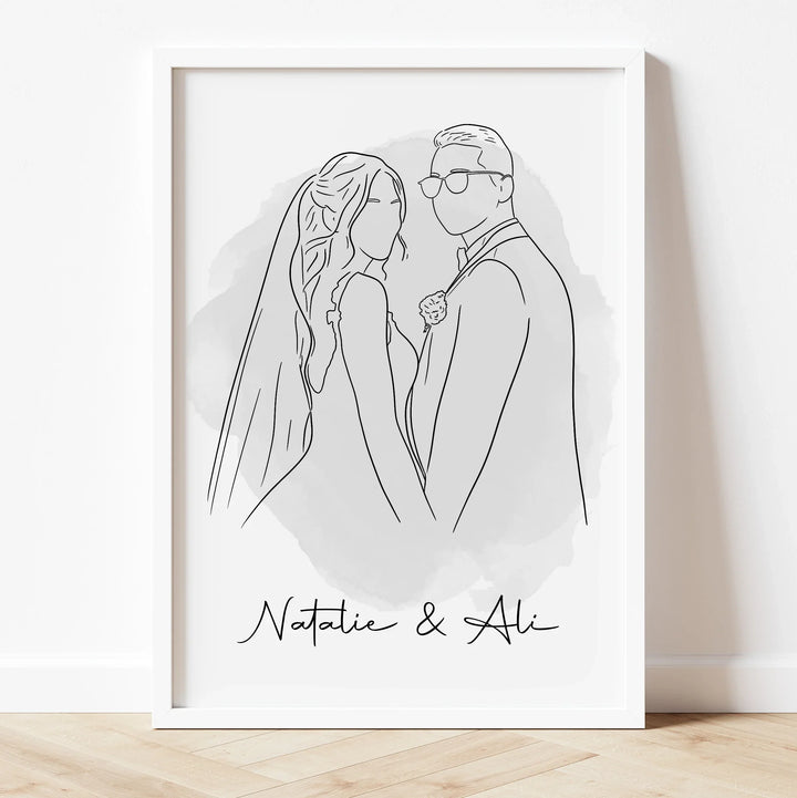 Personalized minimalist portrait of couple – romantic line art for weddings or anniversaries.