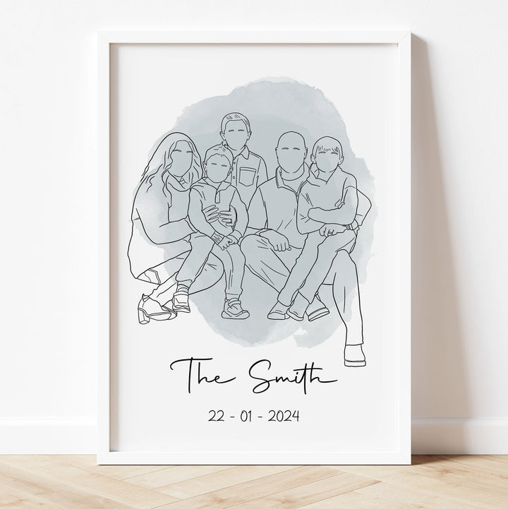 Hand-drawn line art of parents and children – unique family keepsake.

