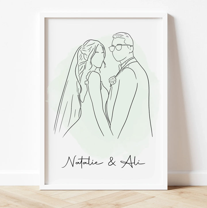 Elegant line art couple portrait – personalized engagement or marriage gift idea.
