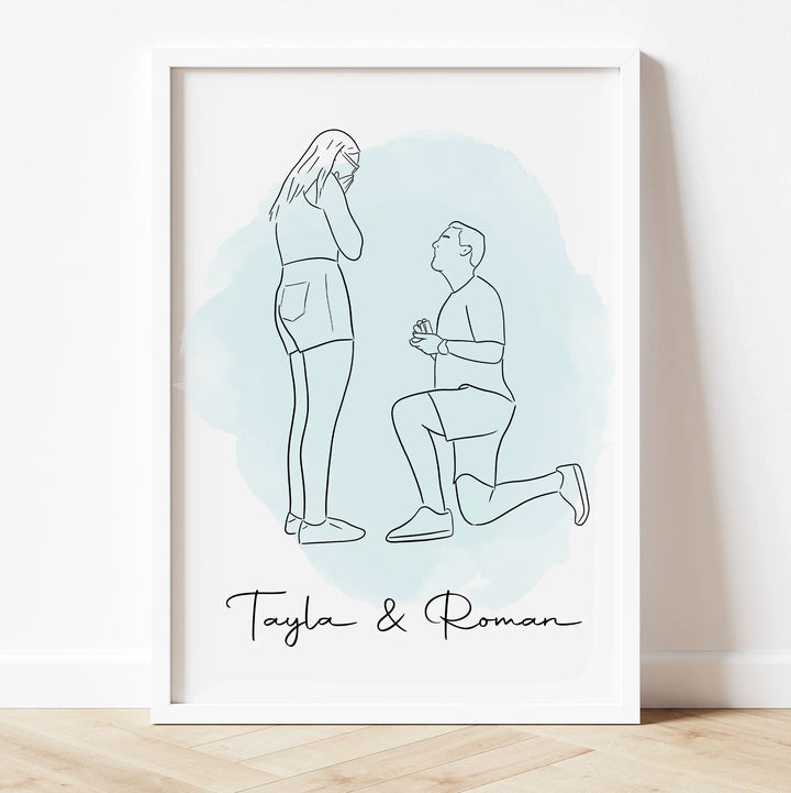 Custom line drawing of engaged couple – unique digital artwork for engagement celebration.