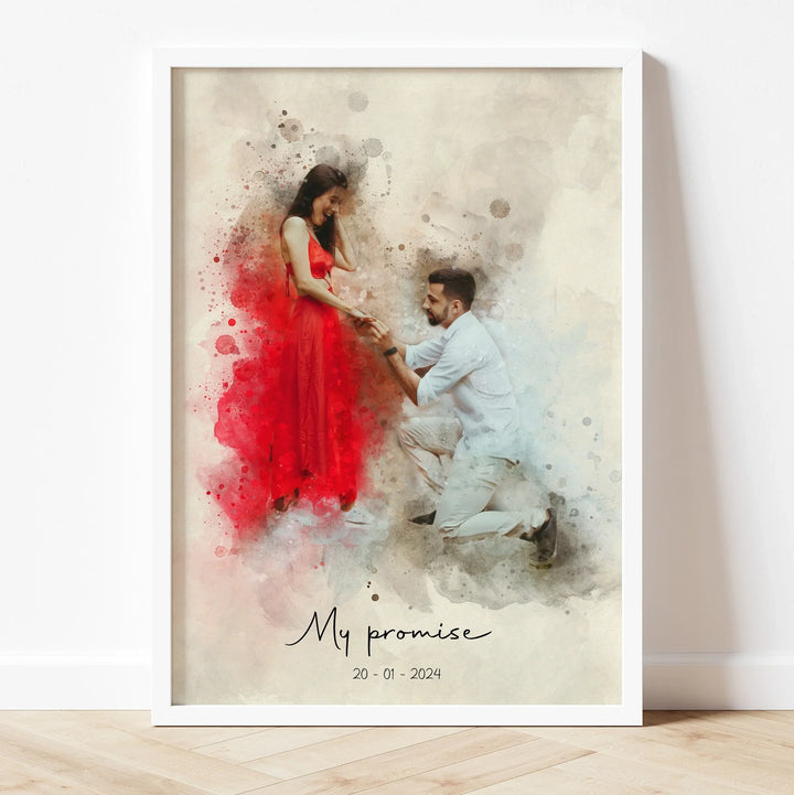 Custom engagement gift in watercolor – romantic couple artwork for newly engaged.