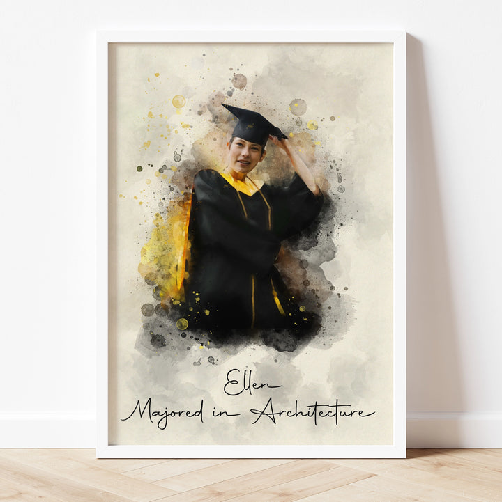 Custom graduate illustration in watercolor style – unique keepsake for college or high school graduation.