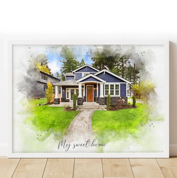 Hand-painted style watercolor home portrait – unique housewarming or anniversary gift
