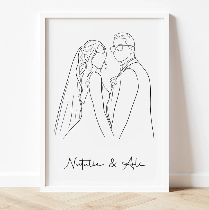 Custom hand-drawn line art for couple – unique digital gift for wedding or anniversary.