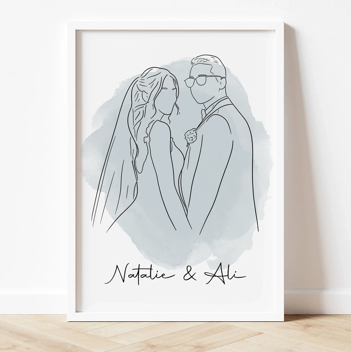 Line drawing of married couple – custom illustration for wedding, vow renewal or love celebration
