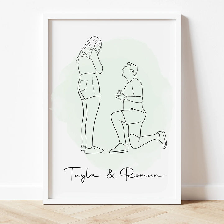 Engagement portrait illustration – custom hand-drawn couple line art gift.