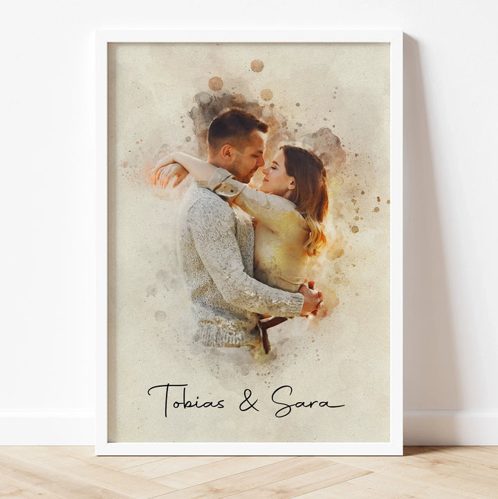 Handmade watercolor portrait of engaged couple – personalized digital or printed gift

